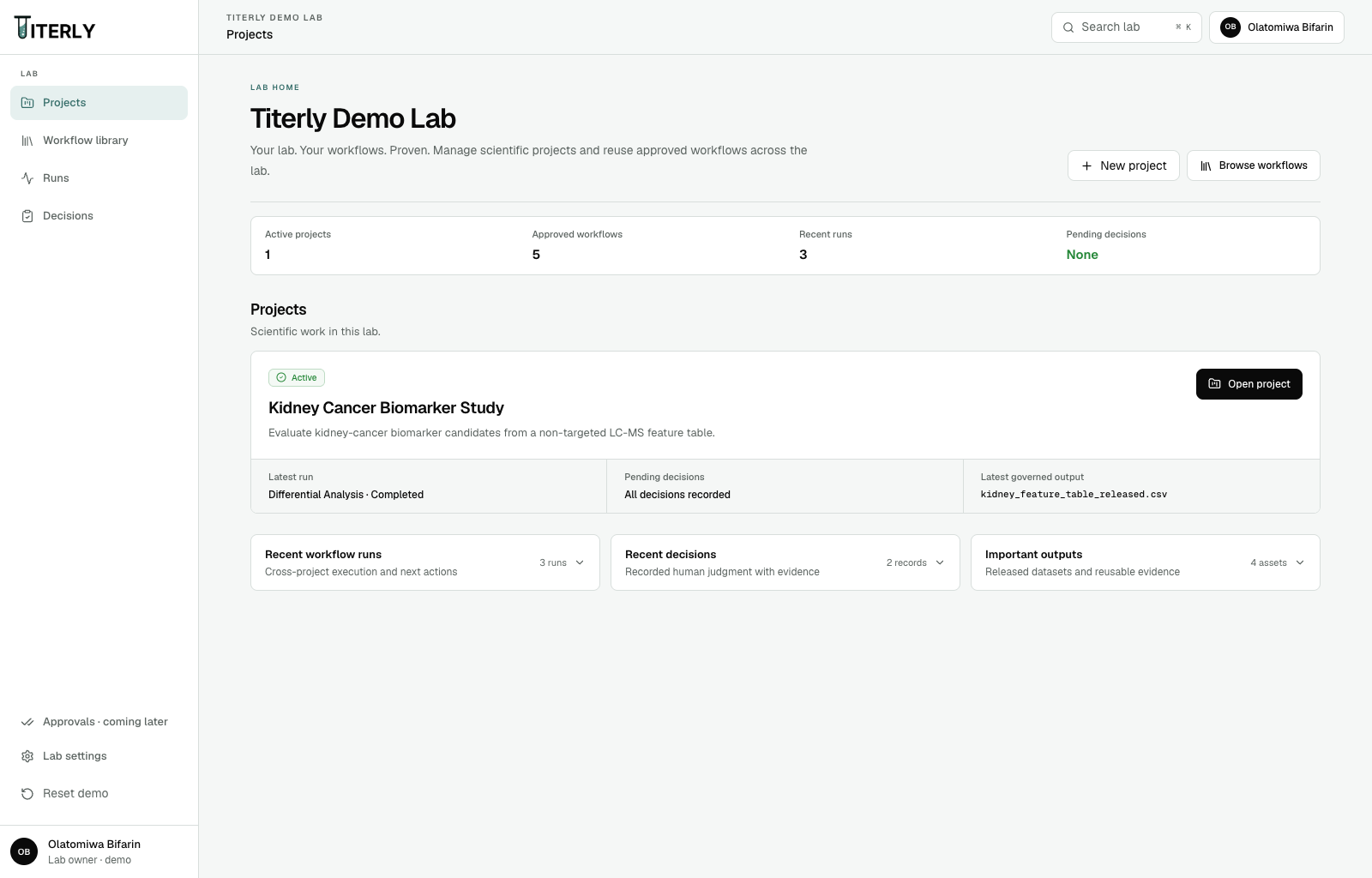 Titerly lab home showing projects, workflow runs, decisions, and governed outputs